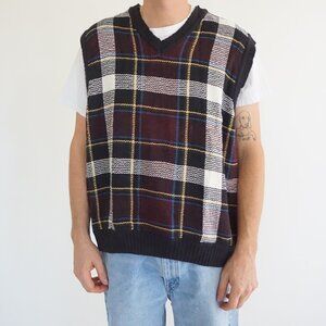 Hill & Archer Navy Cotton Plaid Knit Sweater Vest Retro 80s/90s Collegiate Large